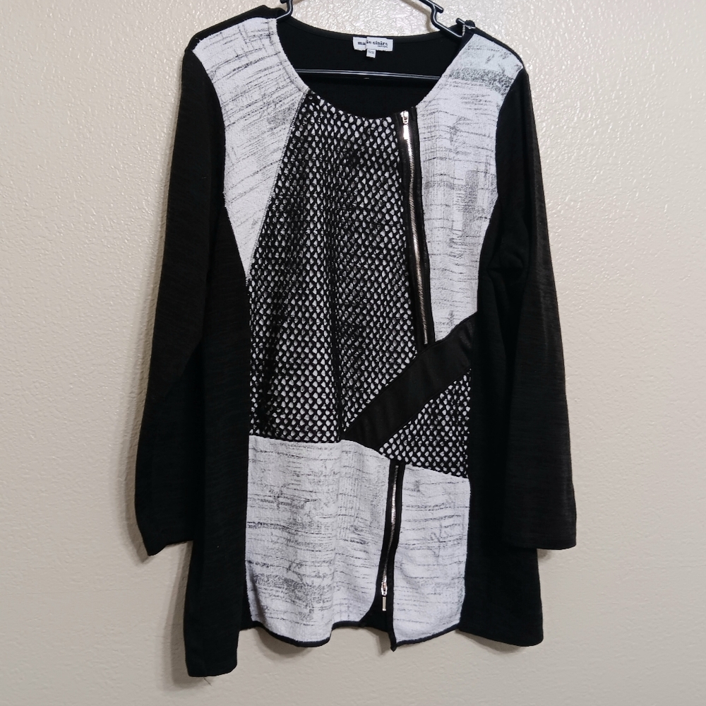 Marie Claire Black Gray Colorblock Mixed Media Tweed Crochet Top